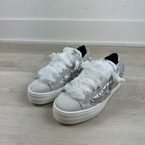 P448 Womens Thea Platform Sneaker in Silver Quilt Size 36
